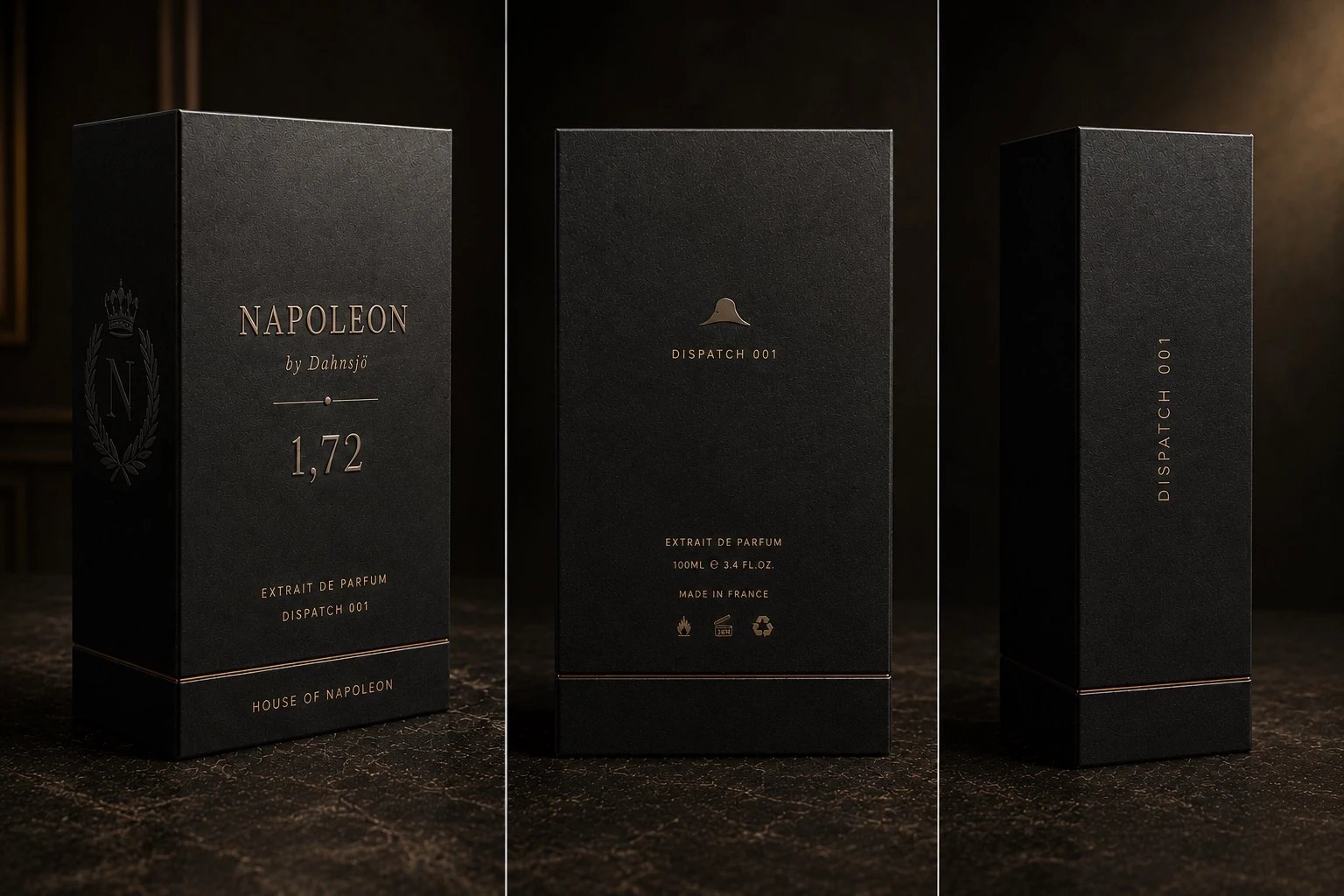 Front, back and side views of the NAPOLÉON by Dahnsjö Dispatch 001 presentation box